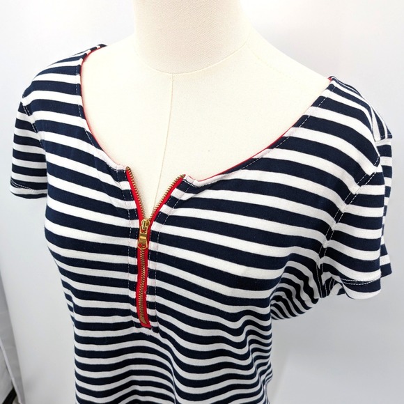 Lauren Ralph Lauren Navy White Stripe Zip Neck Tee Women's XL Nautical Blouse - Picture 4 of 8